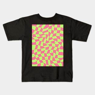 Pink and Green Wavy Checkered Pattern Kids T-Shirt